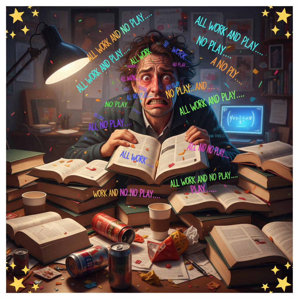 My brain during exam season: 'All work and no play makes Jack a dull boy' on repeat.