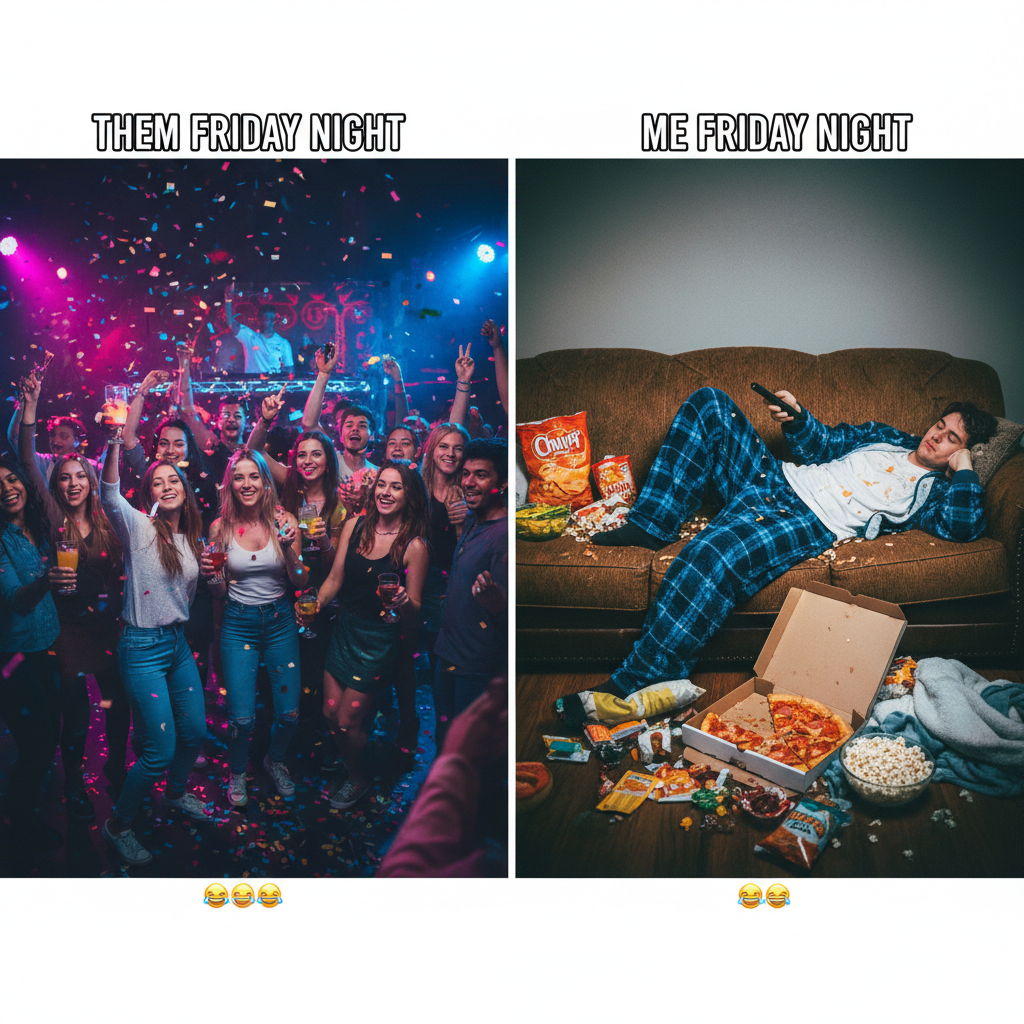 My Friday night plans: 'Go out!' Reality: 'PJs, snacks, and questionable life choices'.