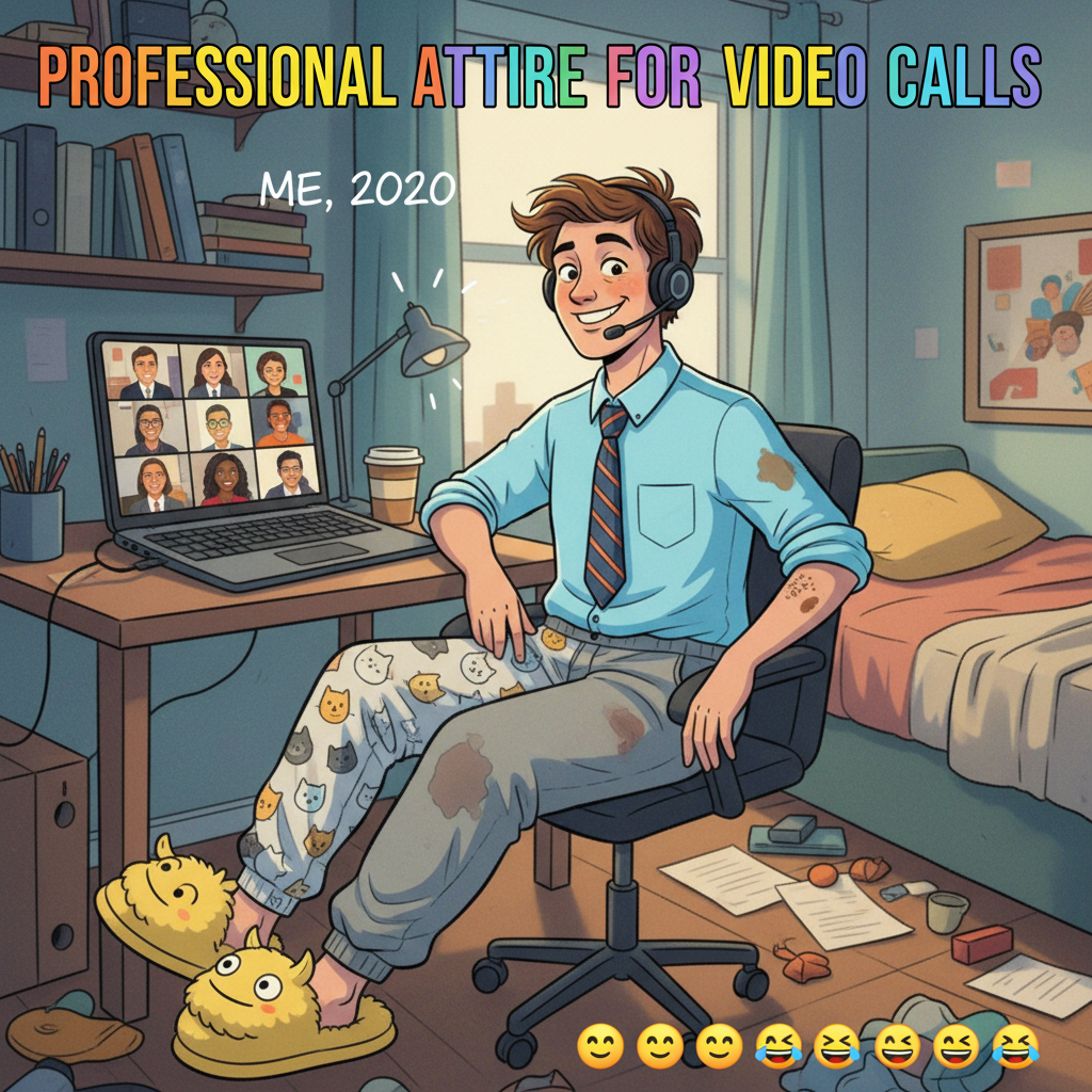 My 'work from home' outfit is 50% professional top, 50% pajama bottoms, 100% chaos.