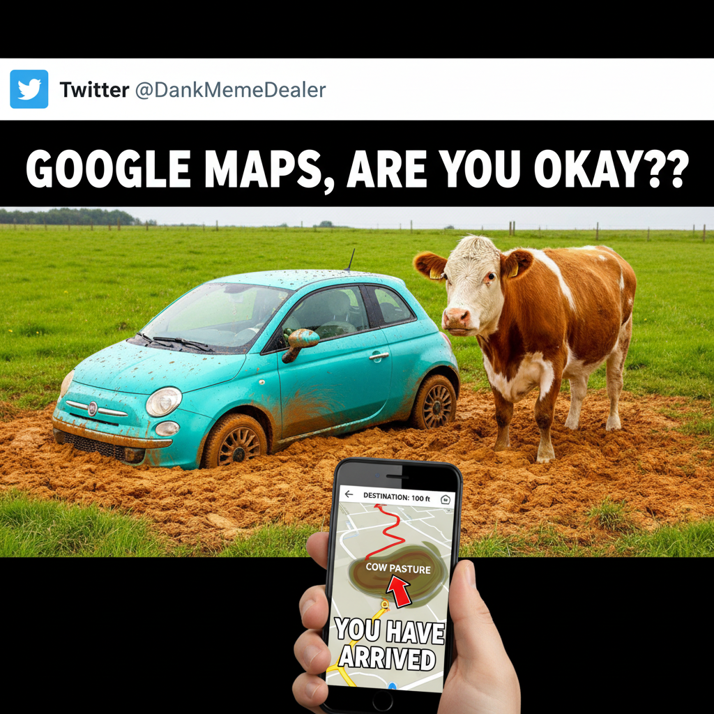 GPS: 'Turn left.' My friend driving: 'But the map says straight!' We're now in a cow pasture.