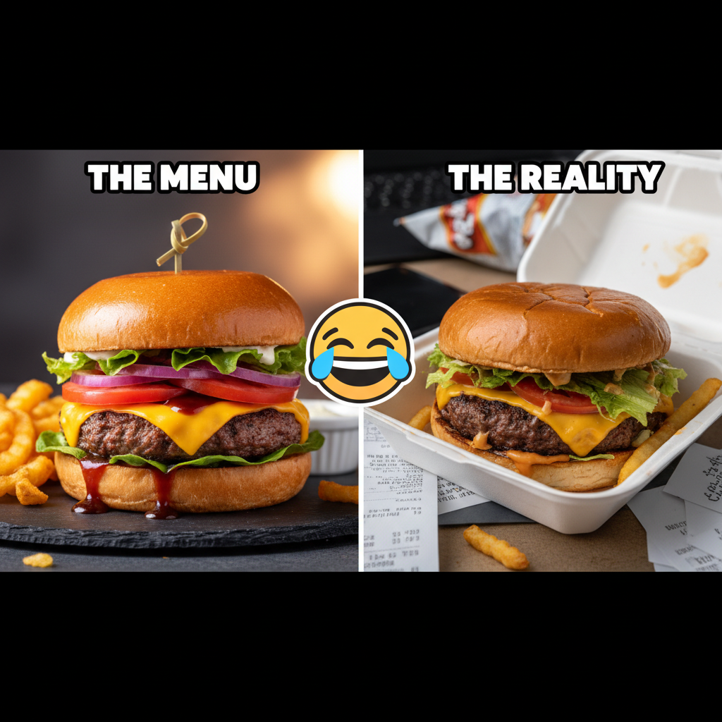 Ordered a gourmet burger, got something that looks like it lost a fight.