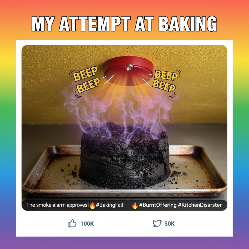 Tried to bake a cake, ended up with a charcoal briquette. My smoke alarm is judging me.