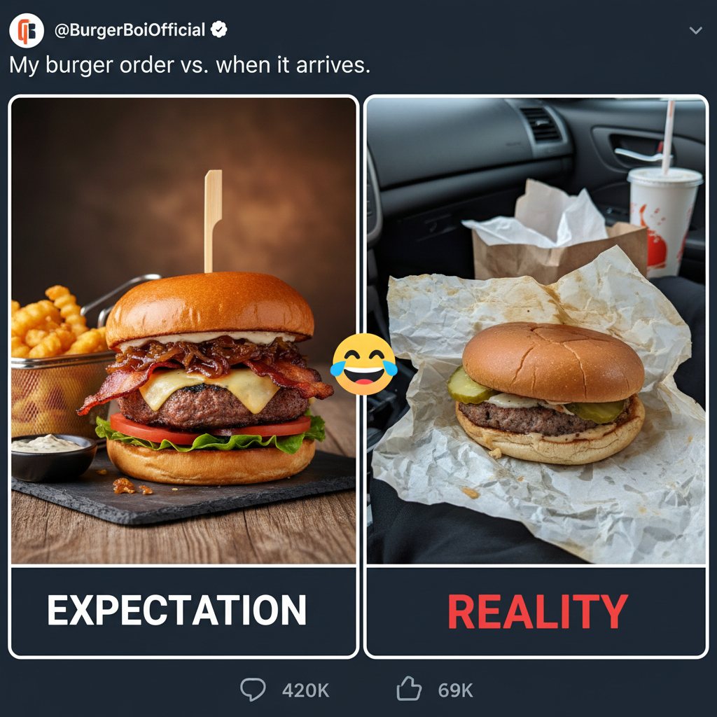 Ordered a gourmet burger, got a sad patty. My expectations were violated.