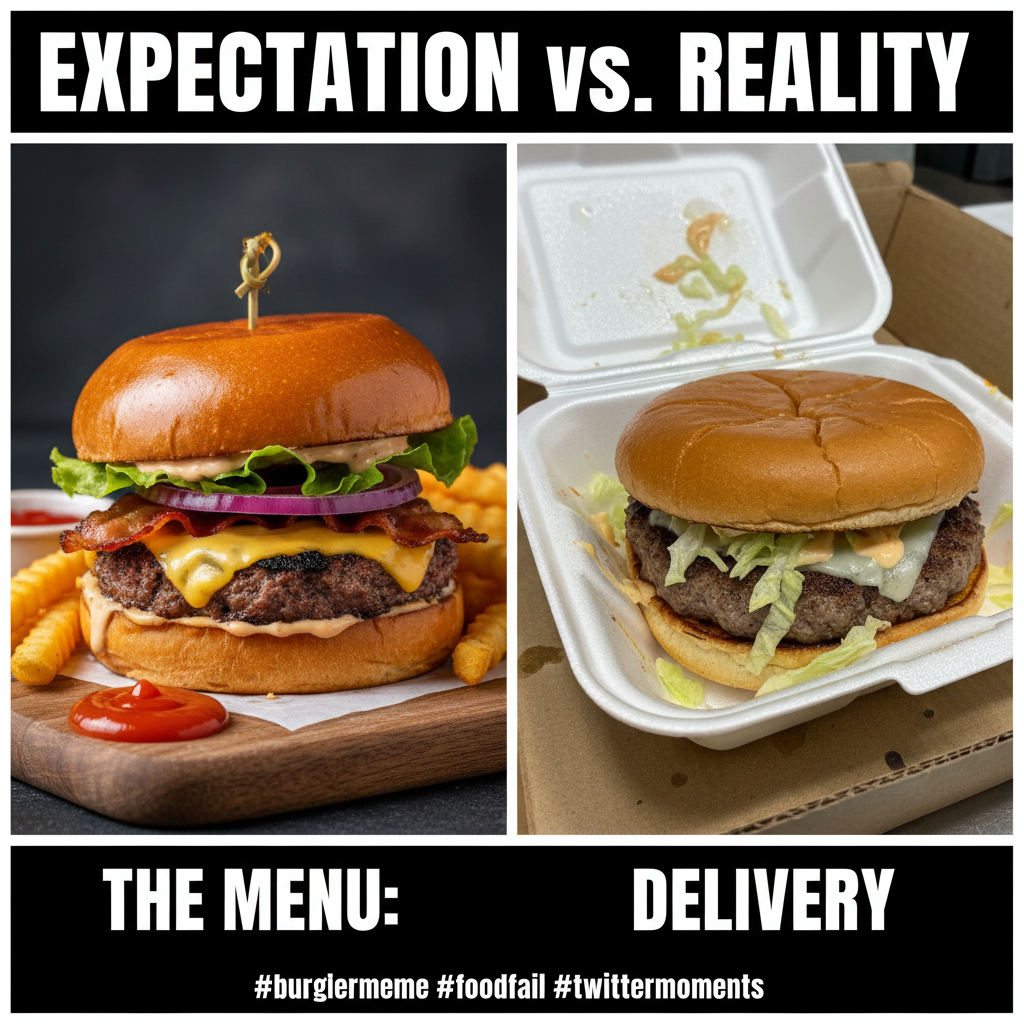 Ordered a gourmet burger. Got a sad patty on a bun. My disappointment is immeasurable.