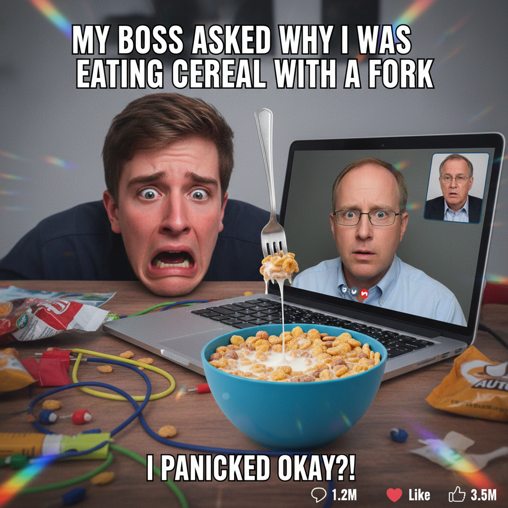 My mic was off, but my camera wasn't. My boss saw me eating cereal with a fork. It's over.