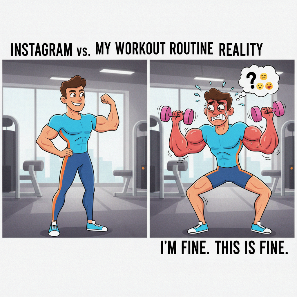 Me trying to look cool at the gym vs. me actually lifting weights.