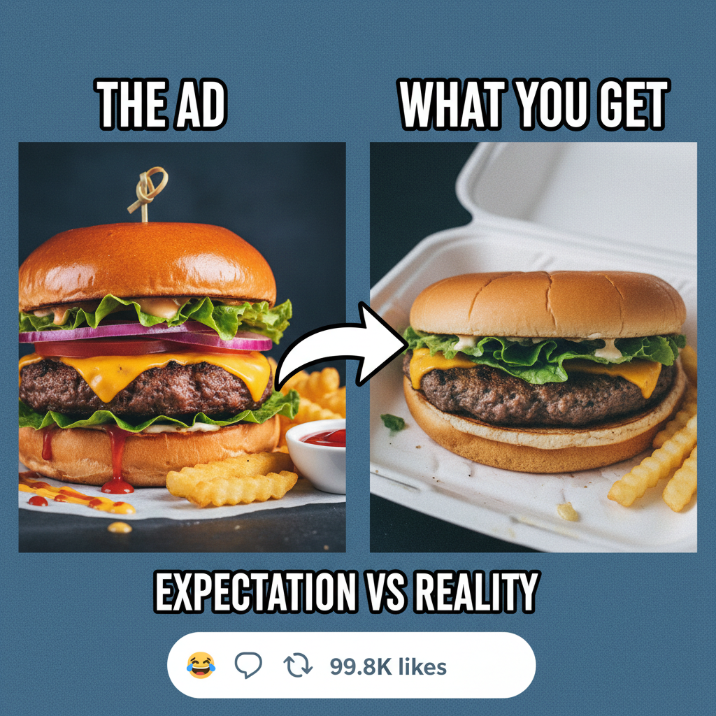 Ordered a gourmet burger, got a sad patty on a damp bun. Expectations vs Reality strikes again.