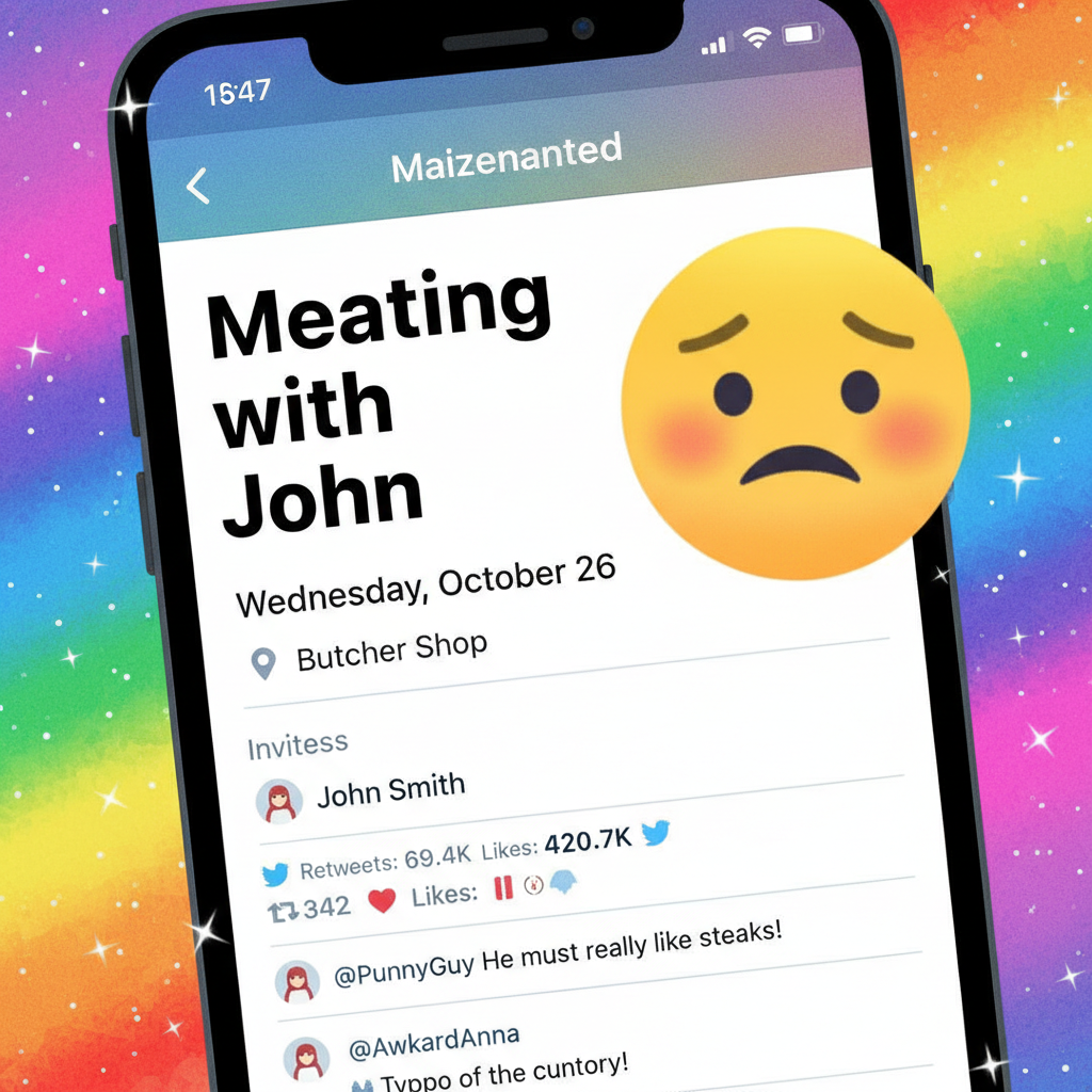 My phone autocorrected 'meeting' to 'meating'. Now my calendar says 'Meating with John'.