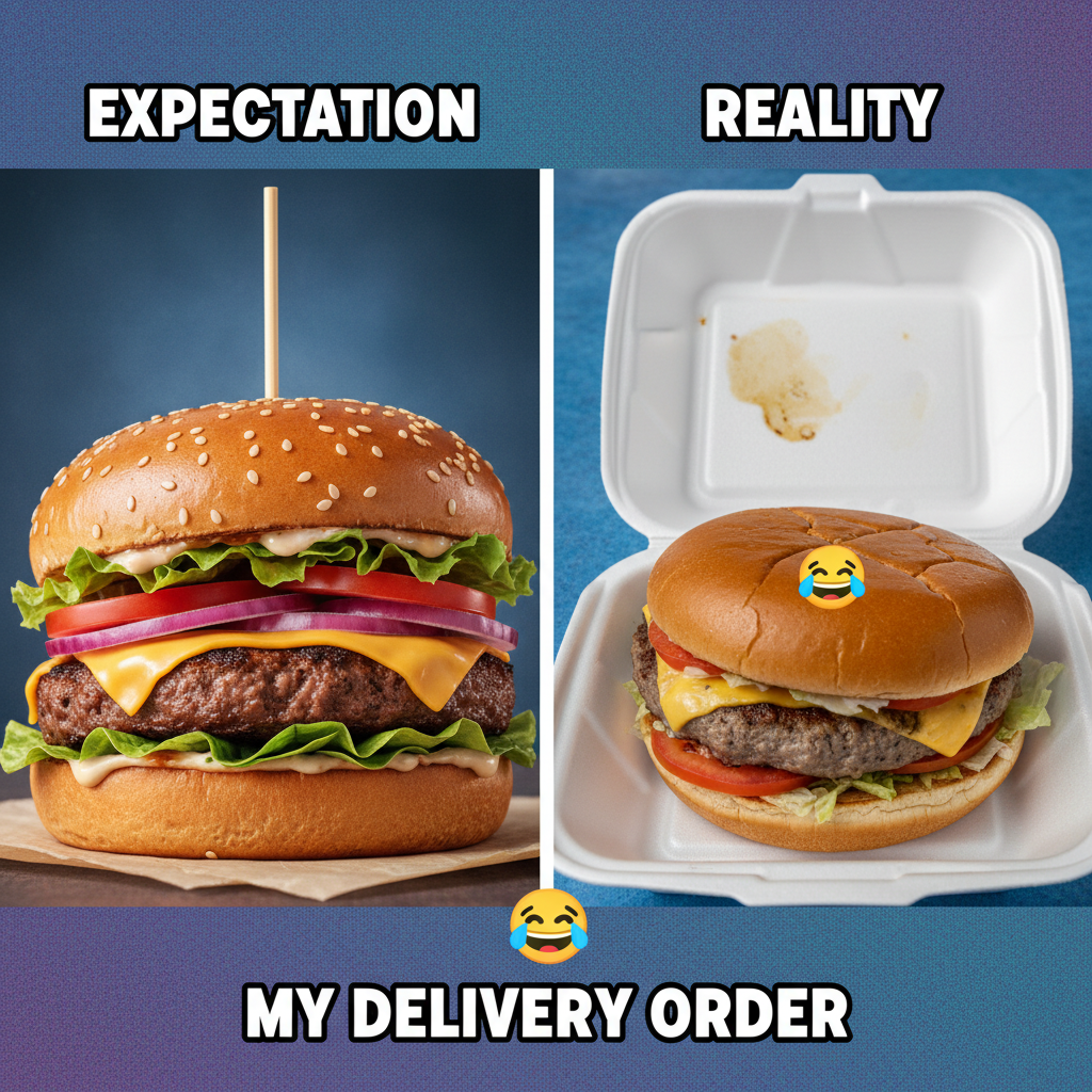 Ordered a gourmet burger. Got a sad patty sliding off a soggy bun. My disappointment is immeasurable.