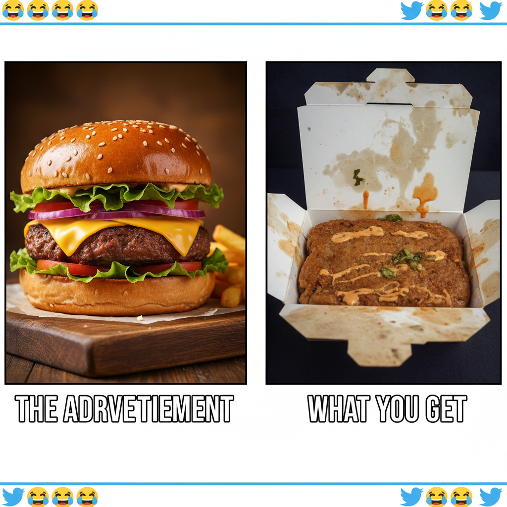 Ordered a gourmet burger, got something that looks like it lost a fight with a truck. #FoodDelivery