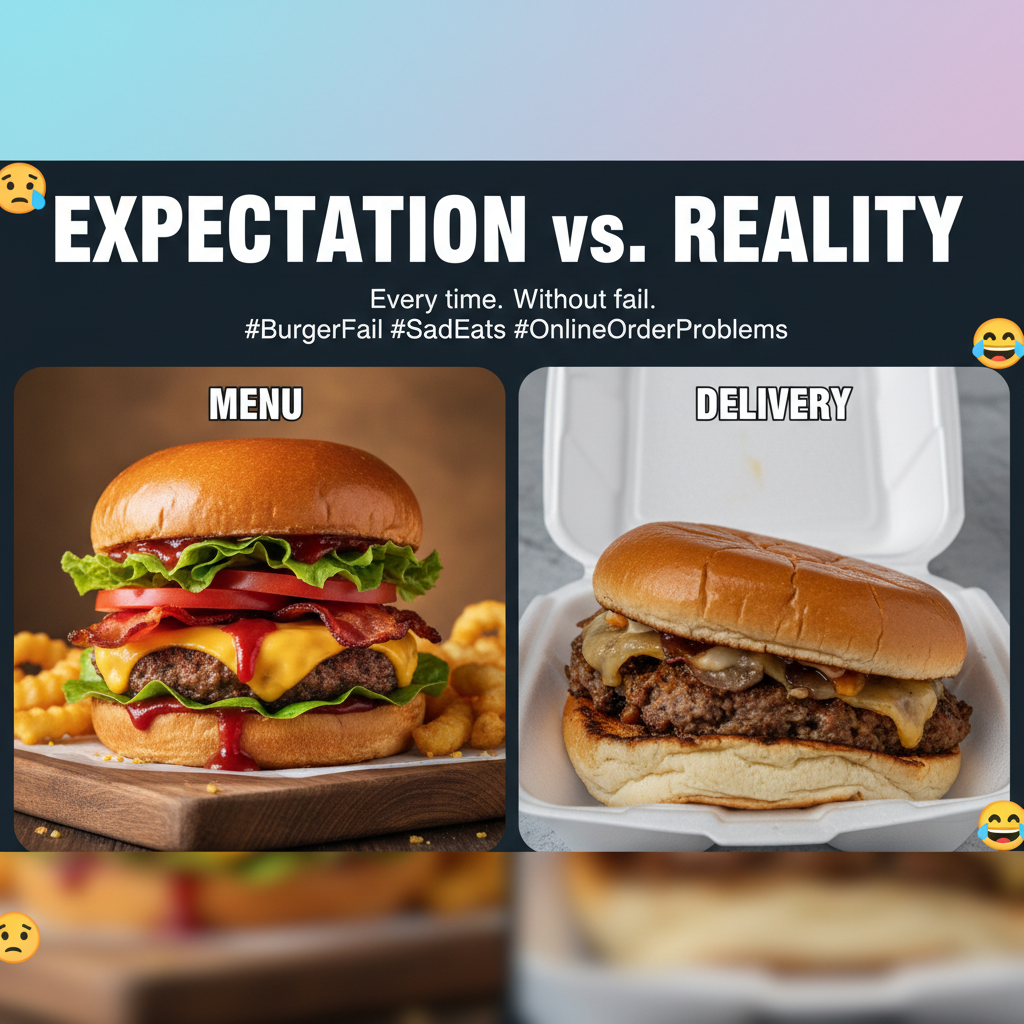 Ordered a gourmet burger, got a sad patty and a single pickle chip. My disappointment is immeasurable.