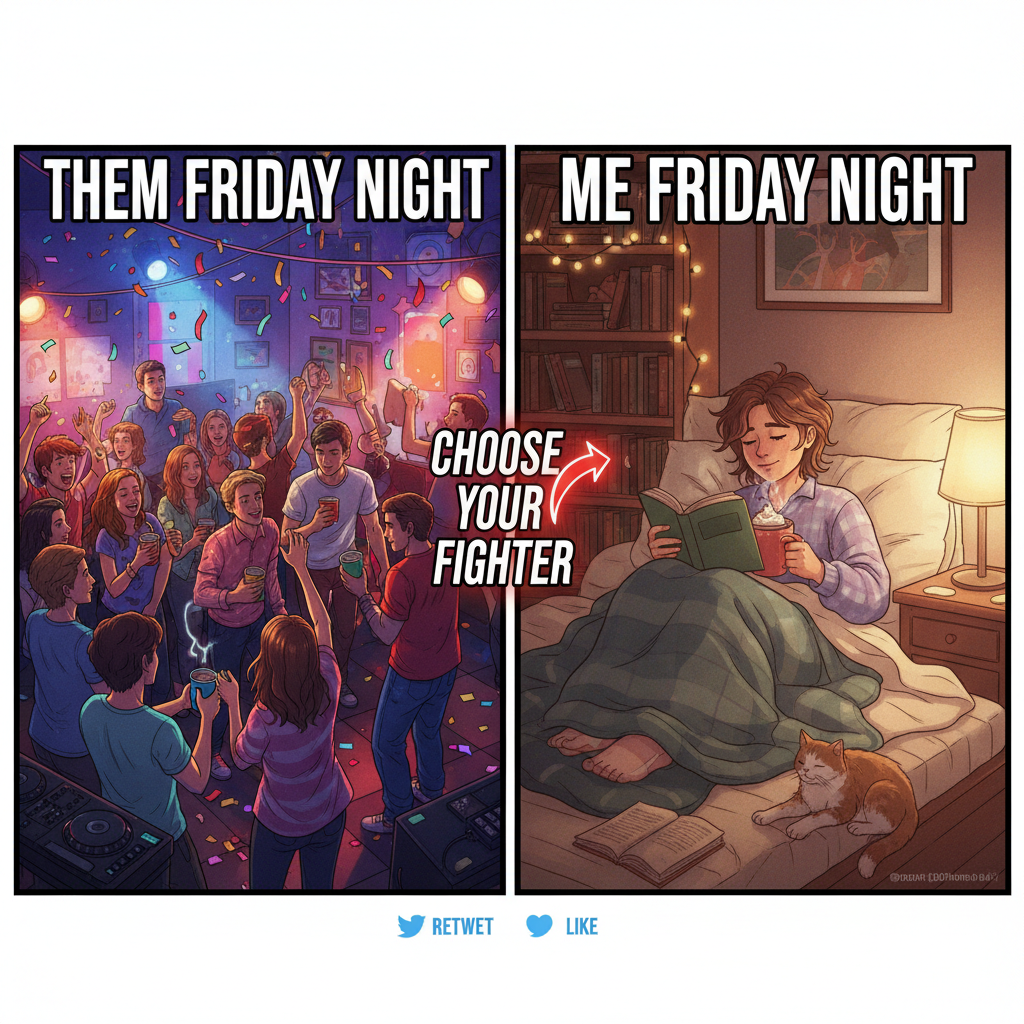 Extrovert: 'Let's go to the party!' Introvert: *already in bed with a book*