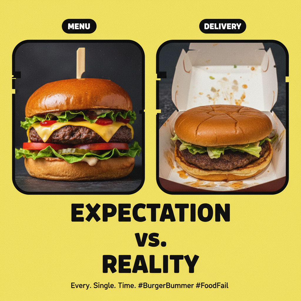 Ordered a gourmet burger. Got a sad patty between two deflated buns. 🍔💔 #FoodDelivery