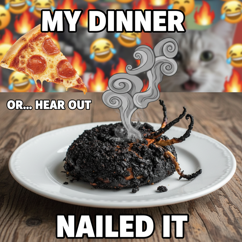 My 'gourmet' dinner looks like a crime scene. Send help (and pizza). #CookingFail