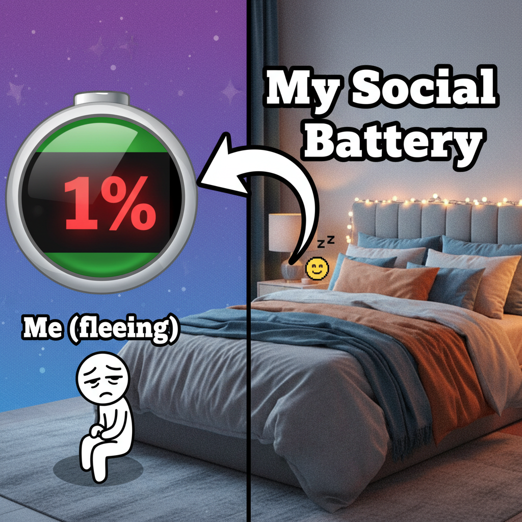 Introvert at a party: 'My social battery is at 1% and I see a charger (my bed).'