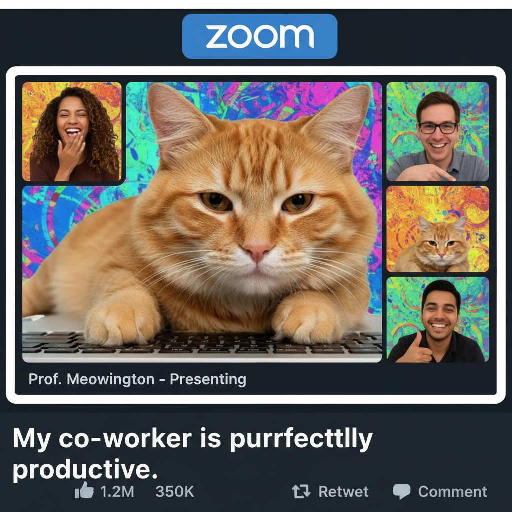 My cat just walked across my keyboard during a Zoom meeting. Instant promotion. #ZoomLife