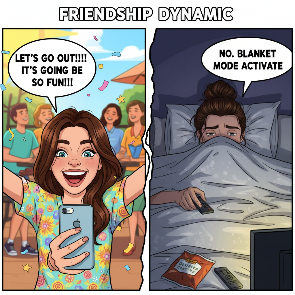 Extrovert: 'Let's go out!' Introvert: *already in pajamas, pretending to be asleep*