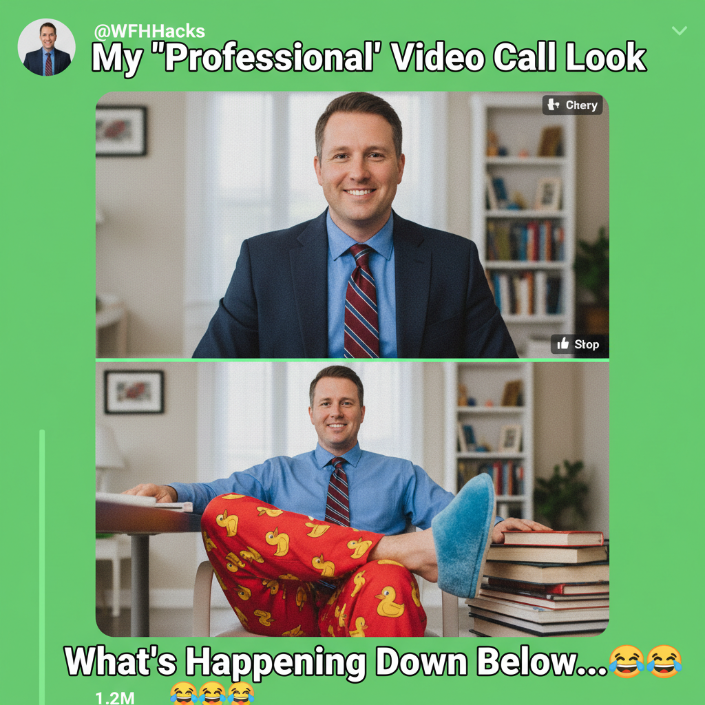 My WFH uniform: business on top, pajamas on bottom. The ultimate power move.