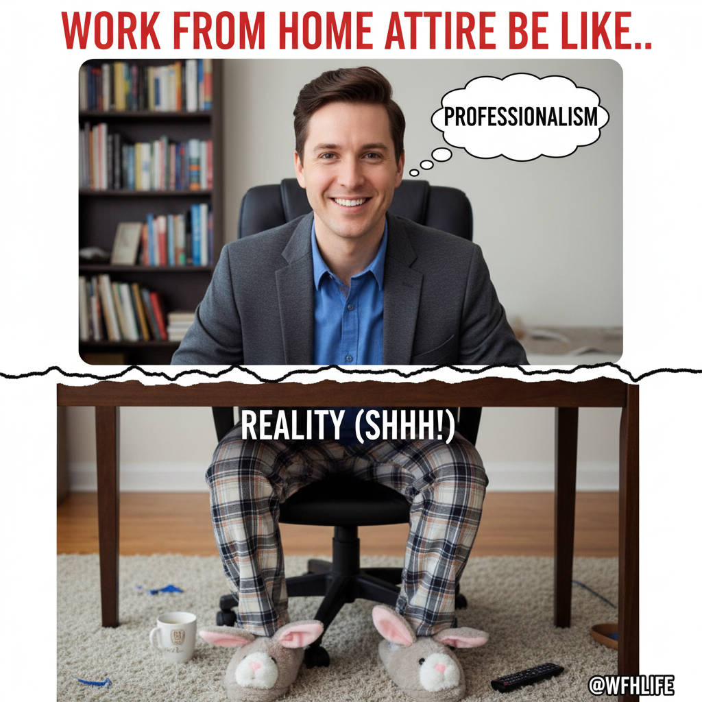 My WFH uniform: Business on top, pajama party on the bottom. The ultimate disguise.