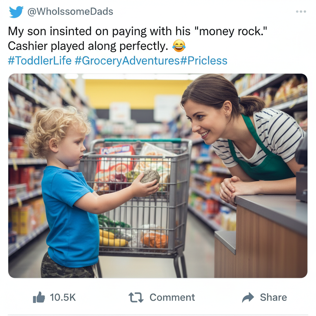 My toddler just tried to pay for groceries with a rock. Peak parenting achieved.