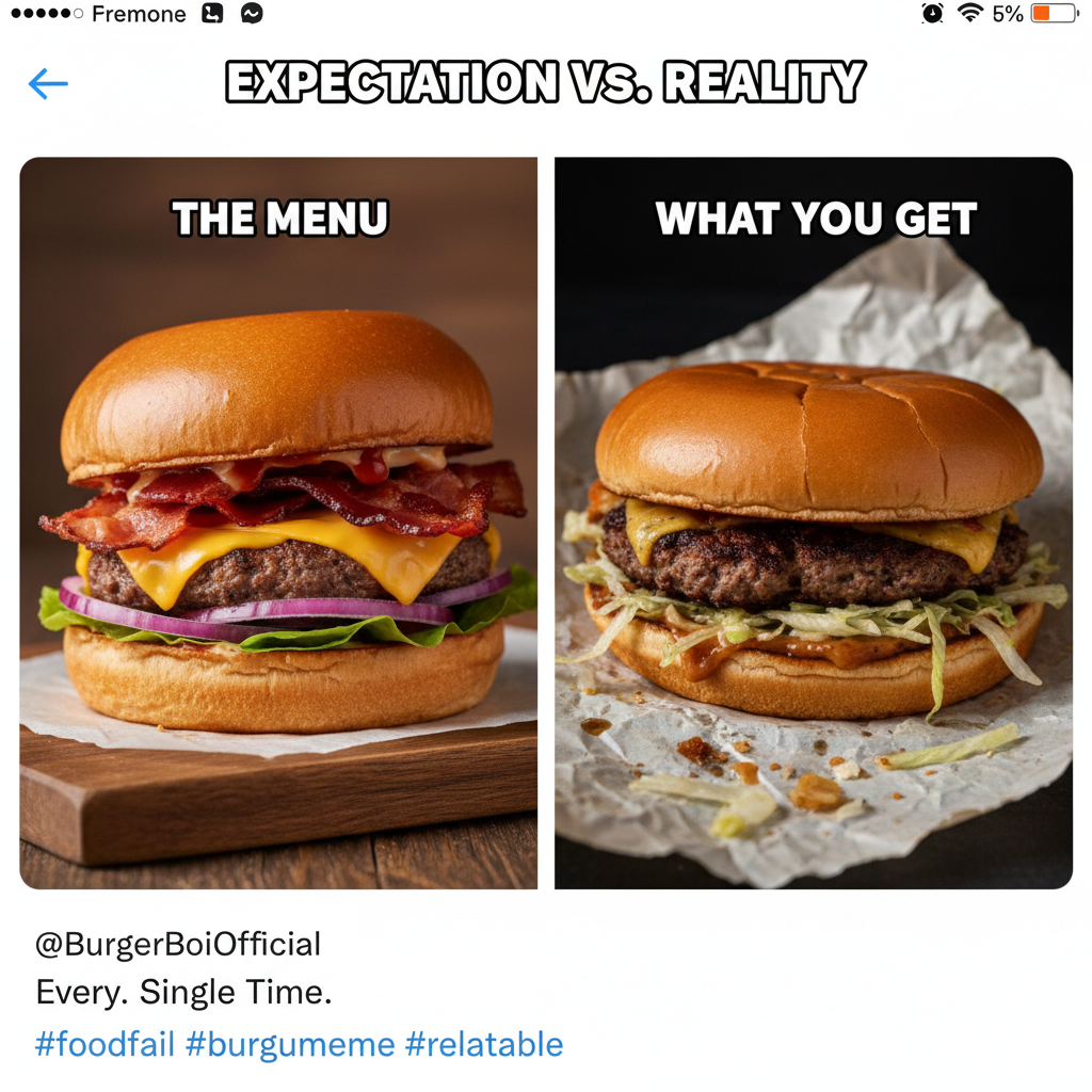 Ordered a gourmet burger. Got a sad patty in a bun. My disappointment is immeasurable.