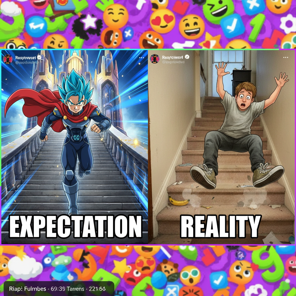 Me trying to run up the stairs like an anime character vs. reality.