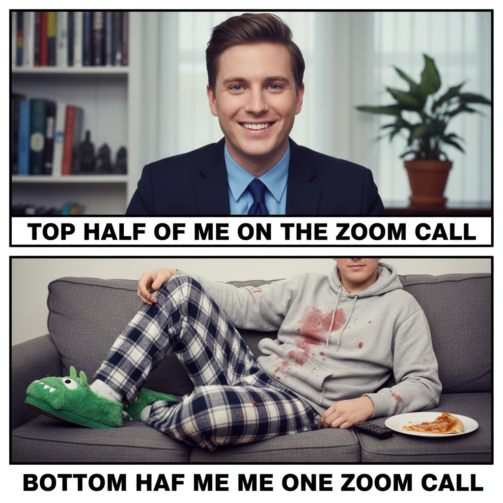 My 'professional' Zoom outfit vs. what's happening below the camera. #WFHlife
