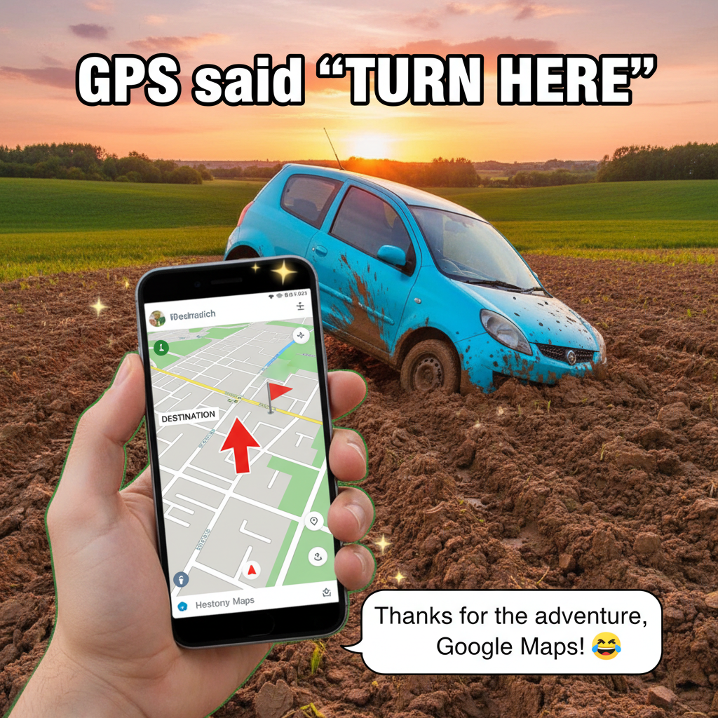 GPS: 'Recalculating.' Me: *driving into a field* 'Are you sure about that?'