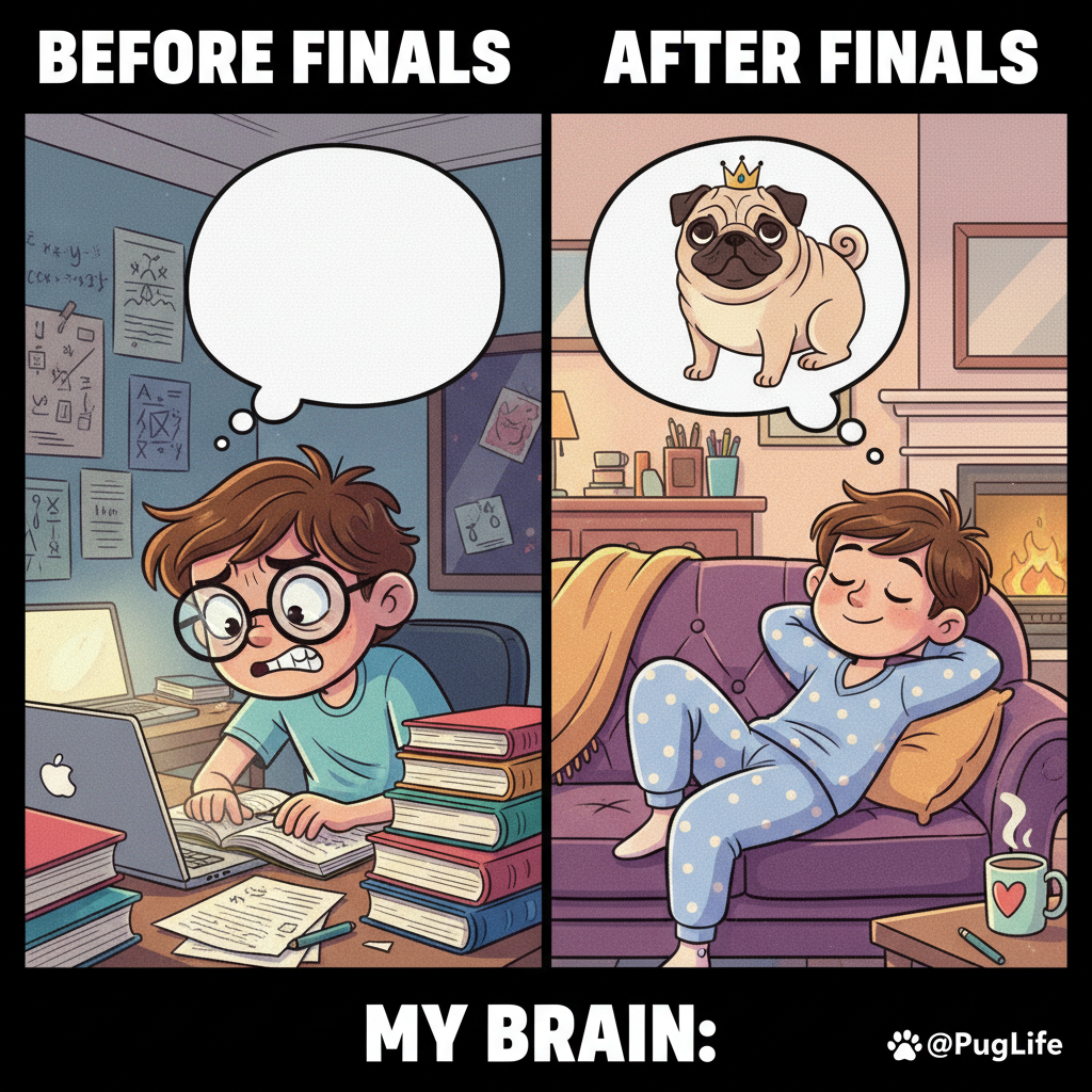 My brain during exams: *elevator music* My brain after exams: 'Did you know a group of pugs is a grumble?'