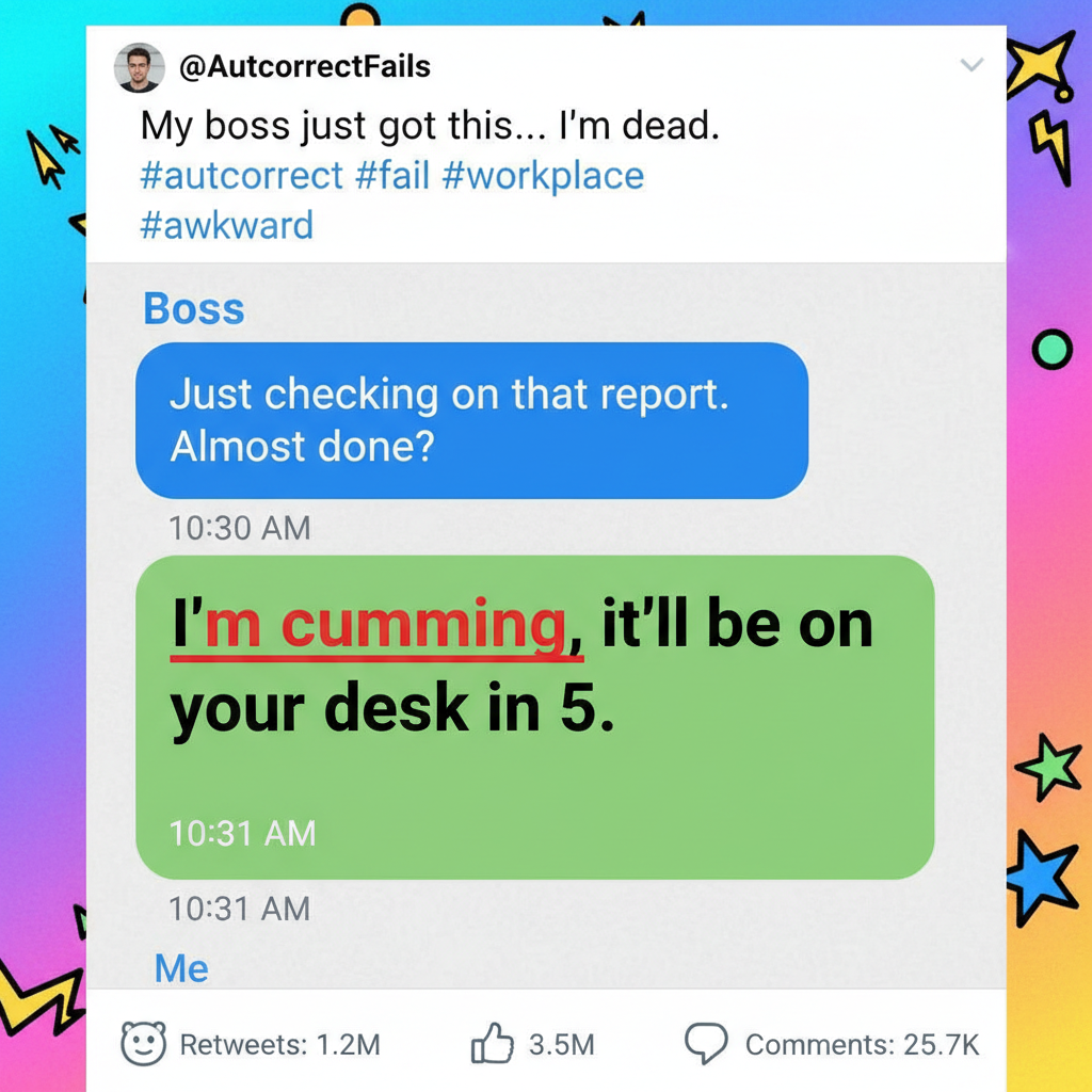 Autocorrect just changed 'I'm coming' to 'I'm cumming'. My boss is going to LOVE this.