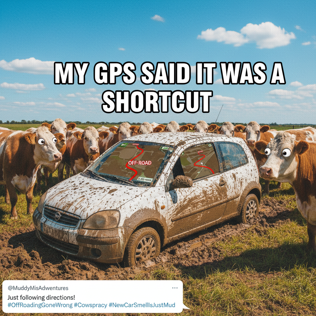 GPS said 'turn left in 500 feet.' I turned left. We're now in a cow pasture. Thanks, Siri.