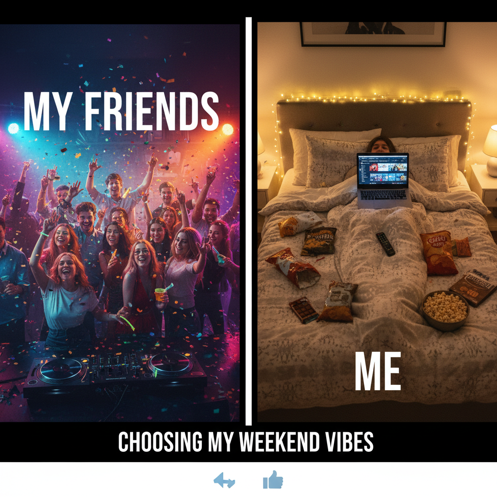 Extrovert: 'Let's go out!' Introvert: 'My bed has snacks.'