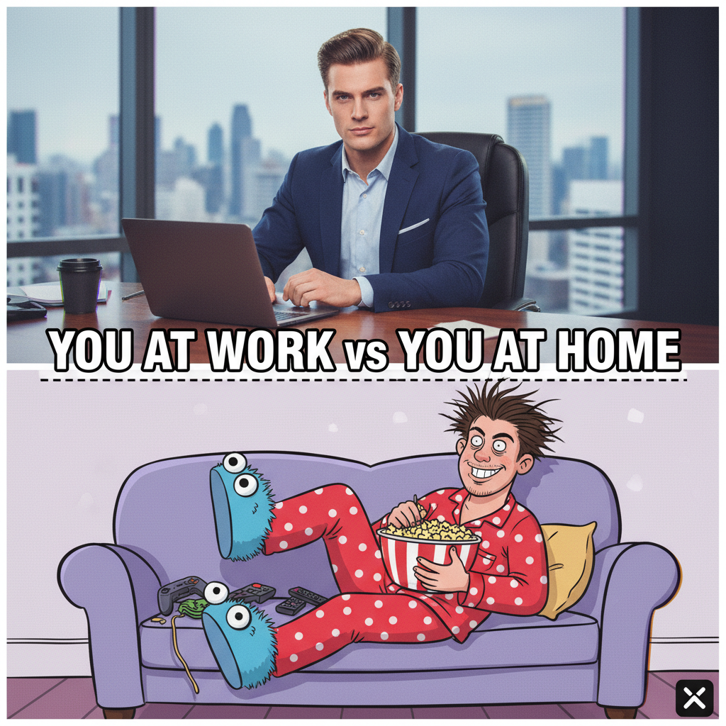 My 'work from home' outfit is 50% professional, 50% pajamas. The camera only sees the top half.