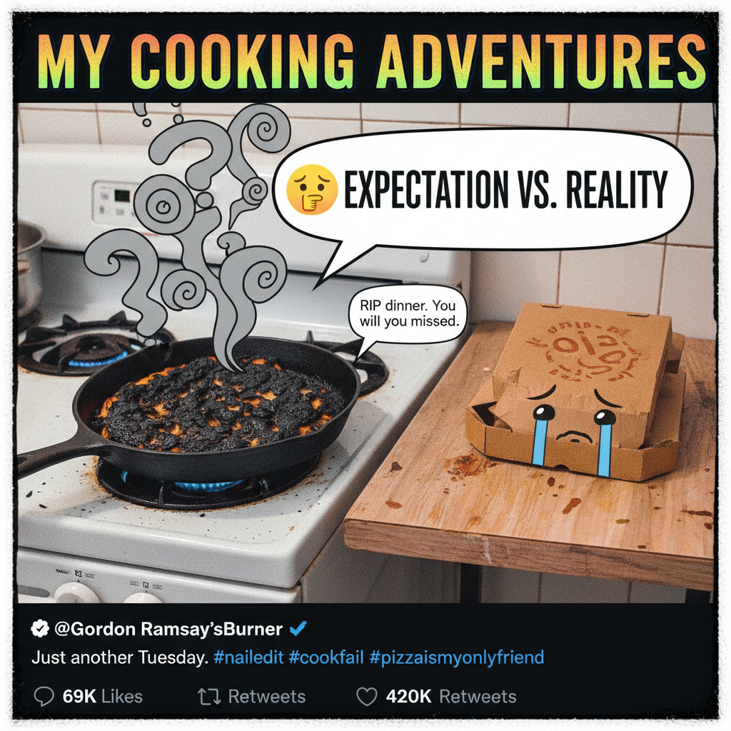 My 'gourmet' dinner turned into charcoal. Send help (and pizza). #CookingFail