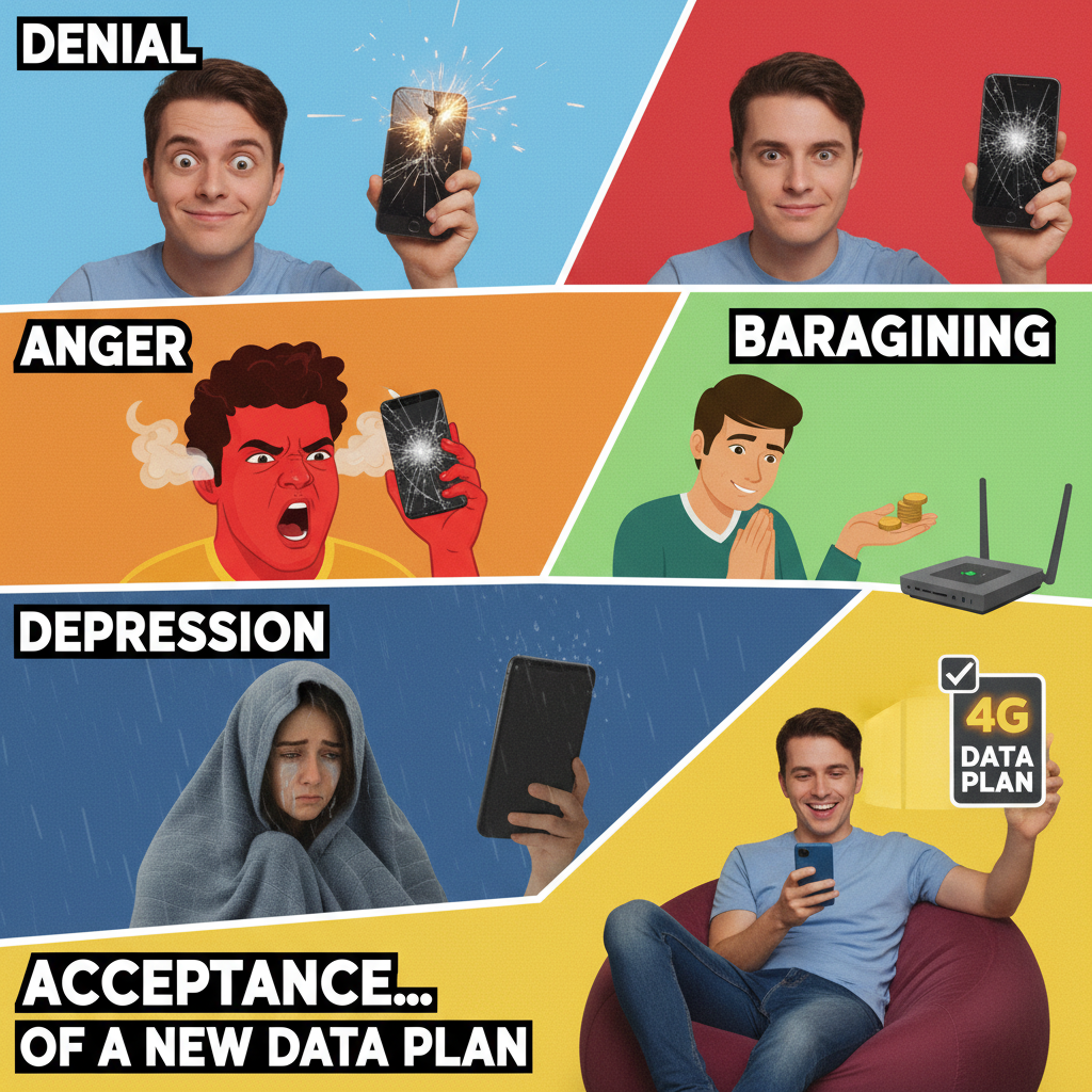 The 5 stages of grief when the WiFi goes down: Denial, Anger, Bargaining, Depression, Data Plan.