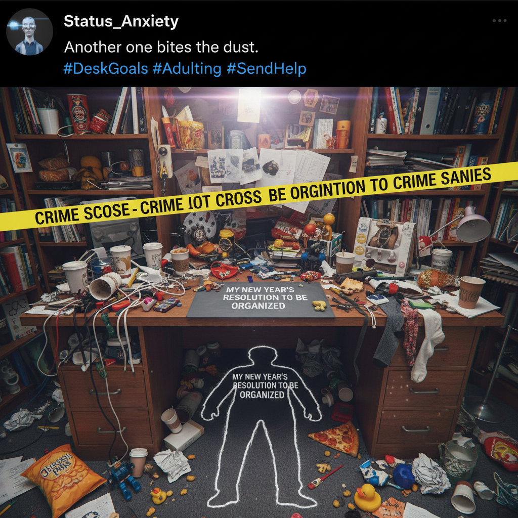 My New Year's resolution was to be more organized. My desk currently looks like a crime scene.