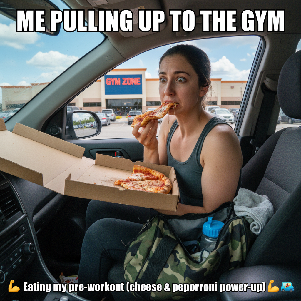 My 'gym buddy' just spotted me eating pizza in the parking lot. This is fine. I'm fine.