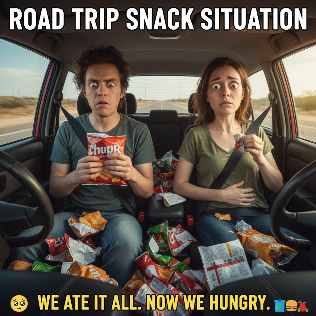 Road trip day 3: We've officially run out of snacks and patience. Send emergency Cheetos.