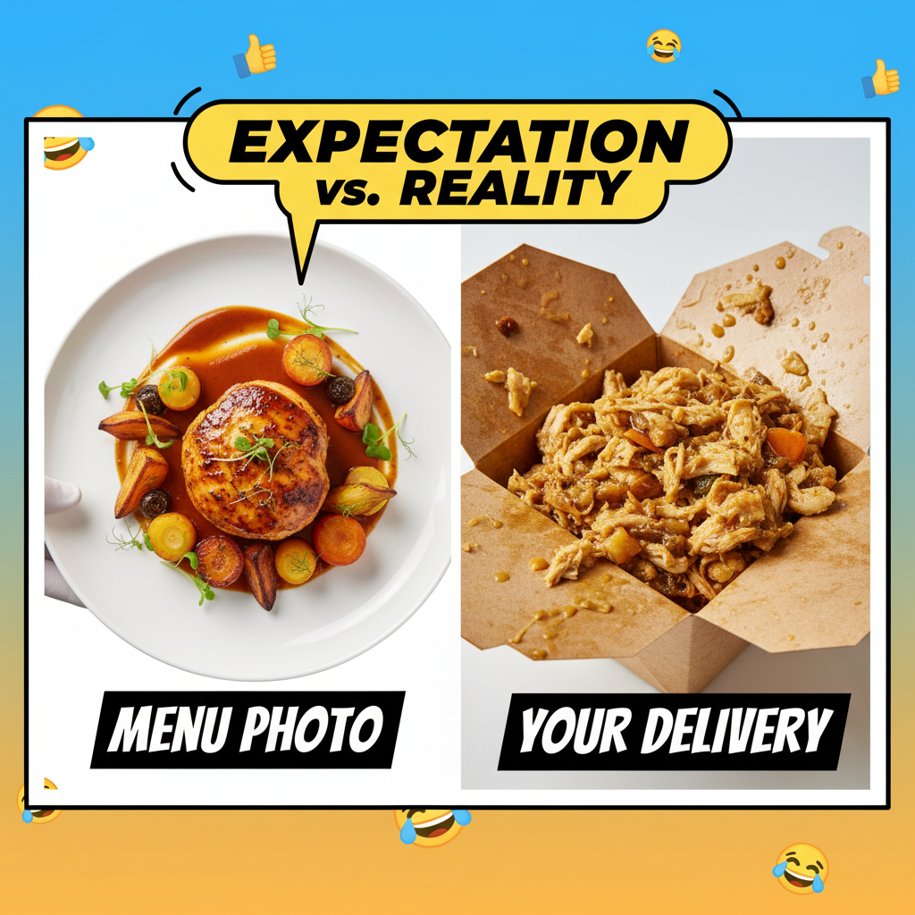 Food delivery expectation: gourmet meal. Reality: looks like it survived a small war.