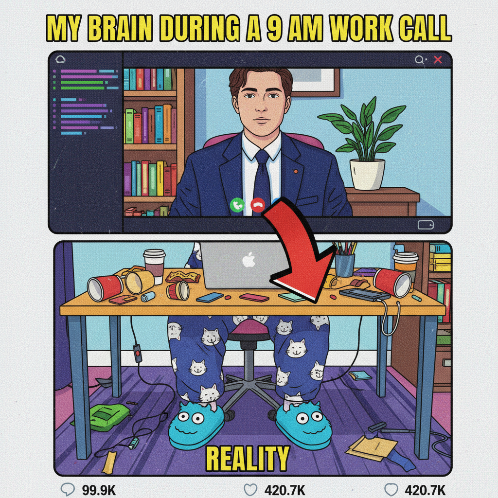 Work from home means my coworkers only see me from the chest up. My pajama pants are thriving.