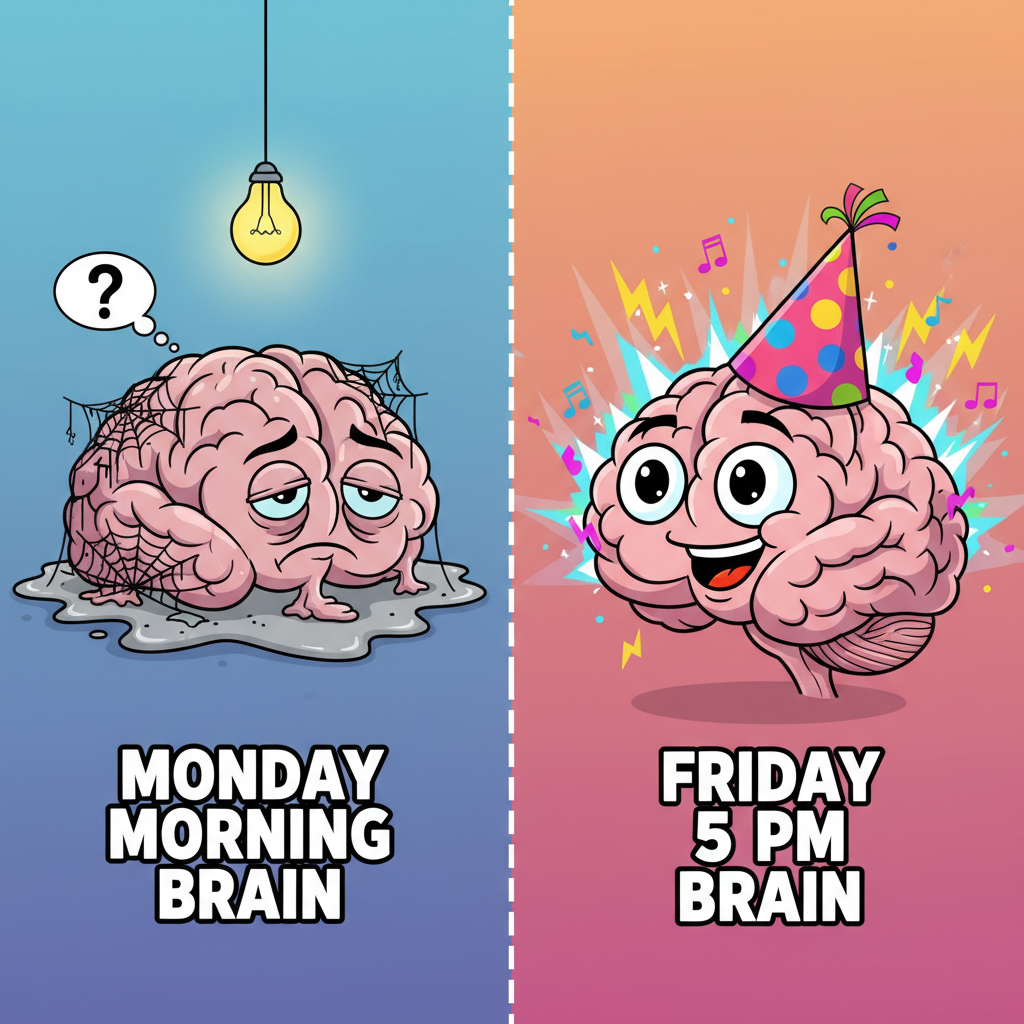 My brain on Monday morning vs. my brain on Friday at 5 PM