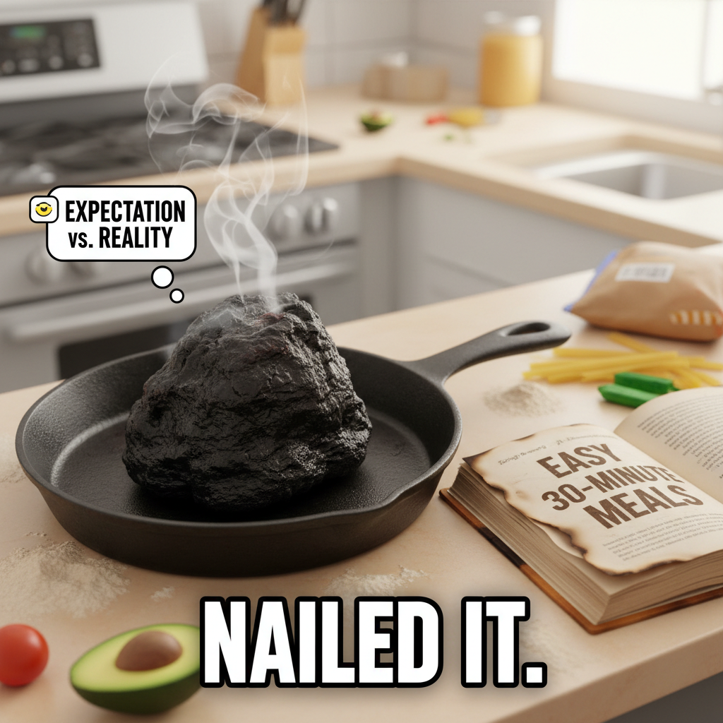 My 'gourmet' dinner ended up looking like a science experiment gone wrong. Send help (and pizza).