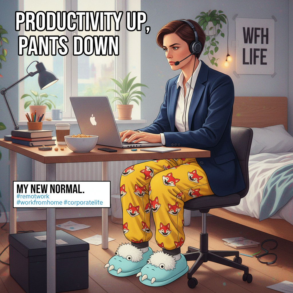 WFH moment: Attending a meeting in a blazer, pajama bottoms, and fuzzy socks. Peak professionalism.