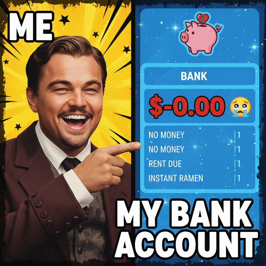 Me trying to adult vs. my bank account. Leonardo DiCaprio meme, but make it budgeting.