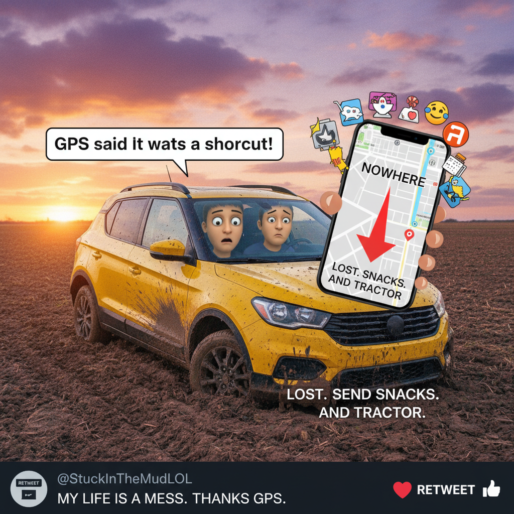 GPS told us to turn left. We're now in a field, contemplating life choices. Send snacks.