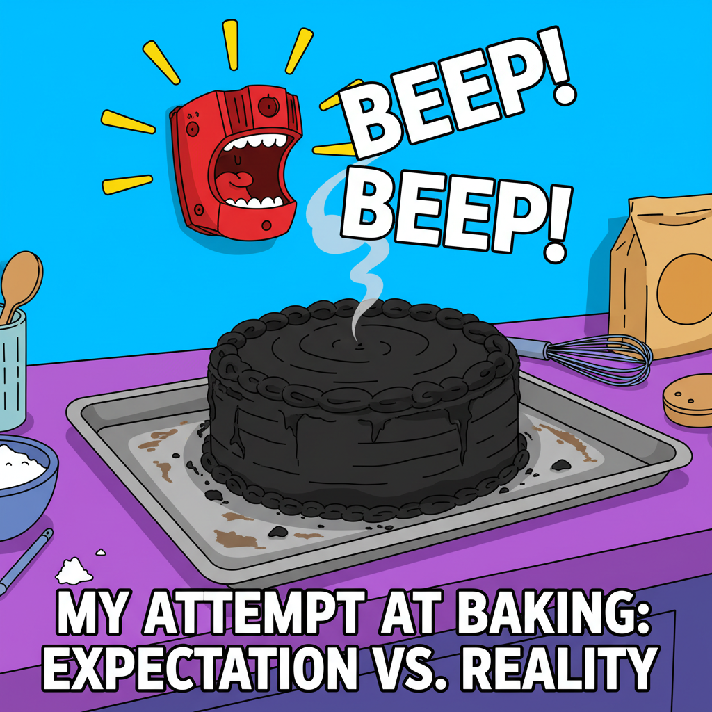 Tried to bake a cake, ended up with a charcoal briquette. My smoke detector is now an alarm clock.