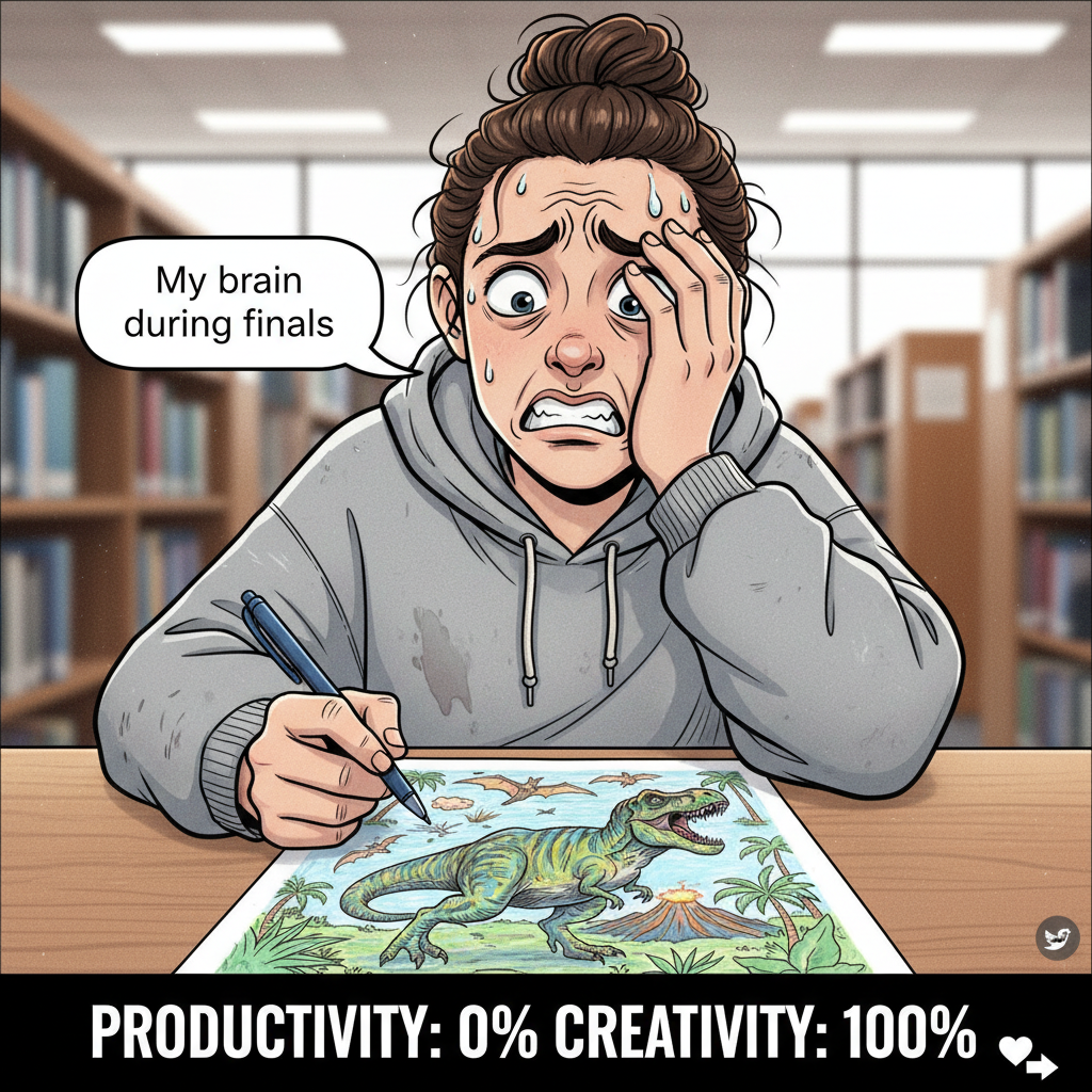 My brain during exams: 'You know all this.' My hand during exams: 'Let's draw a dinosaur.'