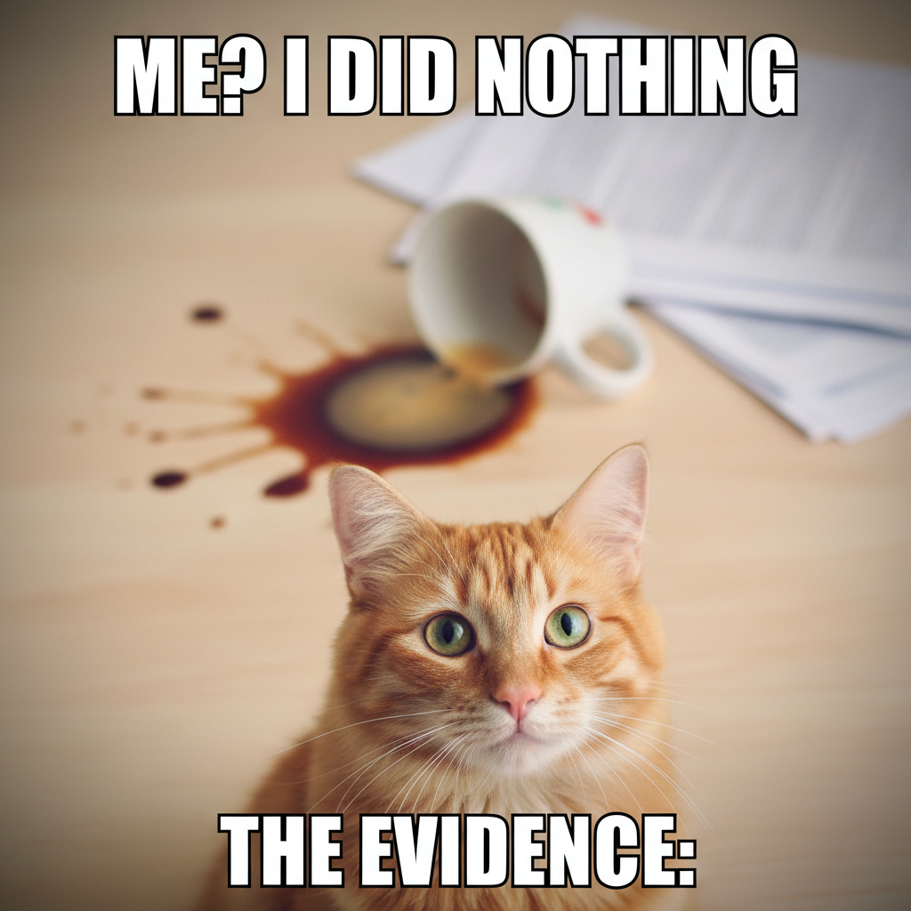 My cat just knocked over my coffee, then demanded head scratches. Peak pet life.