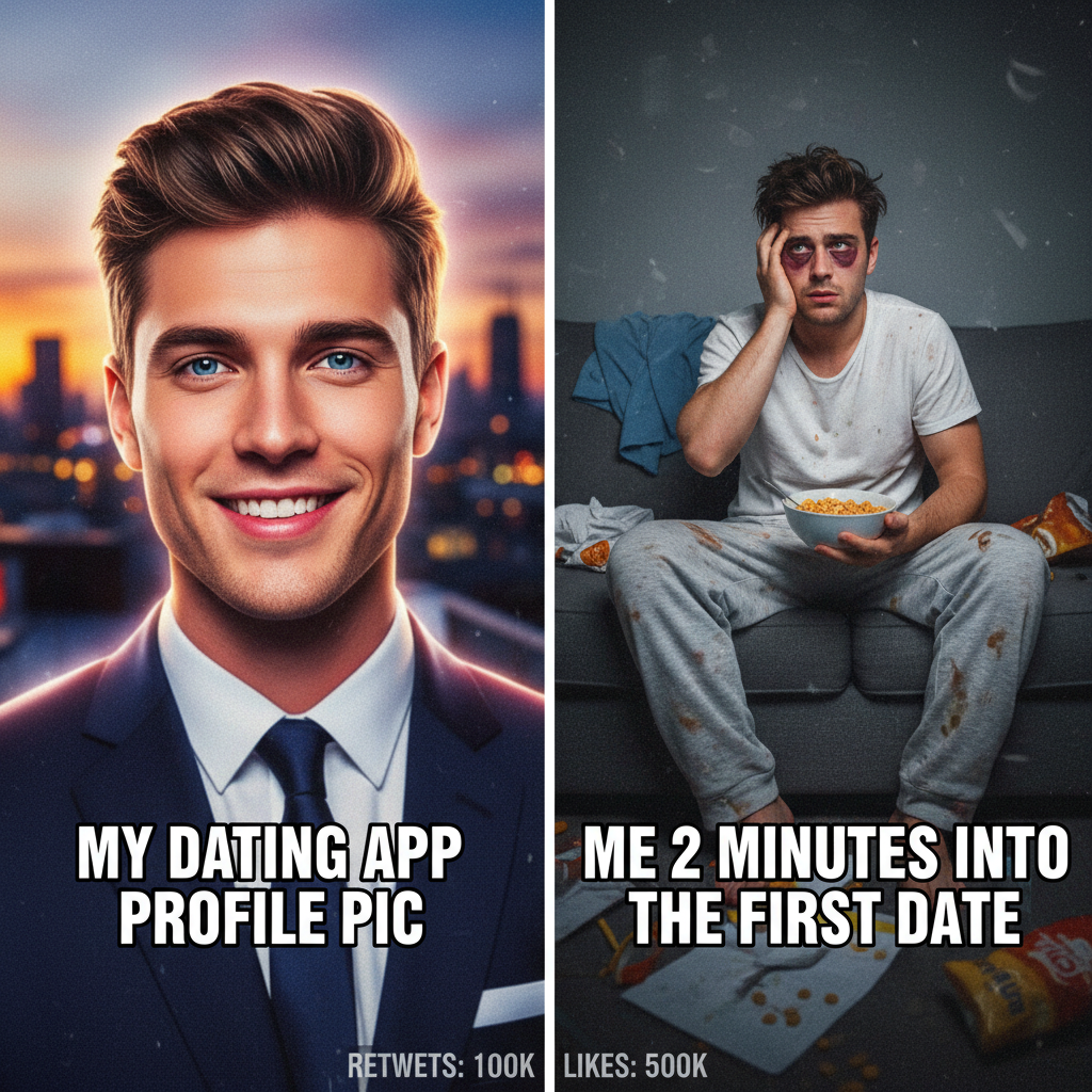 My dating app profile vs. me in real life. It's called 'aspirational marketing.'