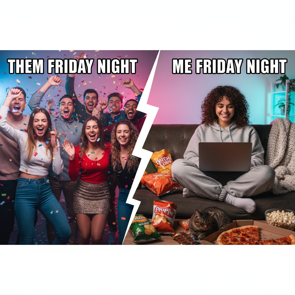 Extroverts: 'Let's go out!' Introverts: 'My couch has snacks and no small talk.'